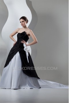 Strapless A-Line Sleeveless Satin Organza Black White Wedding Dresses 2030992