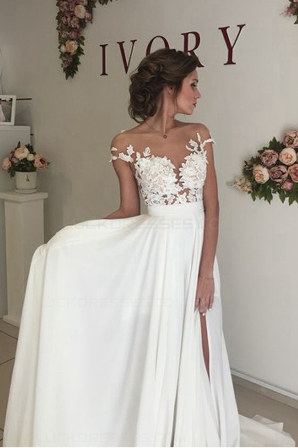 Elegant Illusion Bodice Lace Chiffon Wedding Dresses Bridal Gowns 3030006