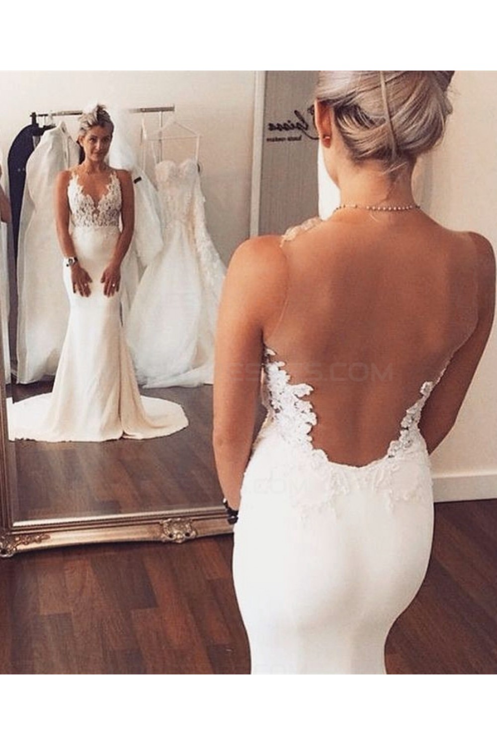 Mermaid Sheer Sleeveless Lace Beach Wedding Dresses Bridal Gowns