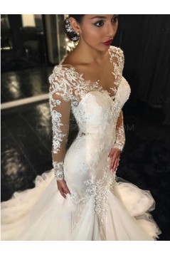 Long Sleeves Mermaid V-Neck Lace Wedding Dresses Bridal Gowns 3030021