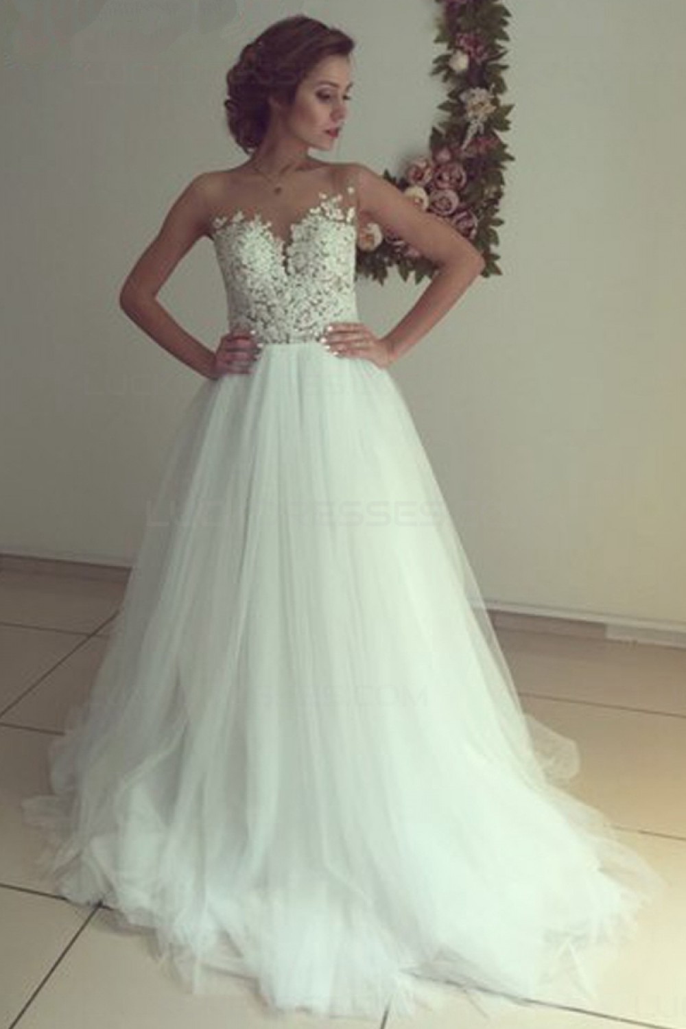 Lace Tulle Illusion Neckline Wedding Dress
