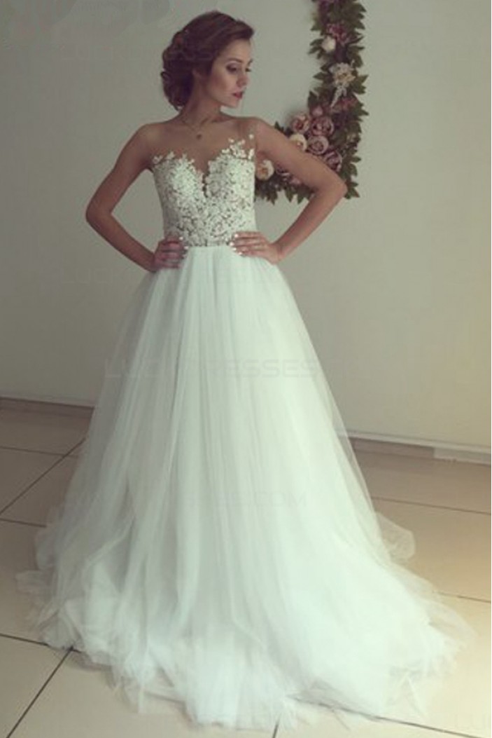 Lace Tulle Illusion Neckline Wedding Dresses Bridal Gowns 3030022