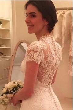 A-Line Short Sleeves Lace Wedding Dresses Bridal Gowns 3030058