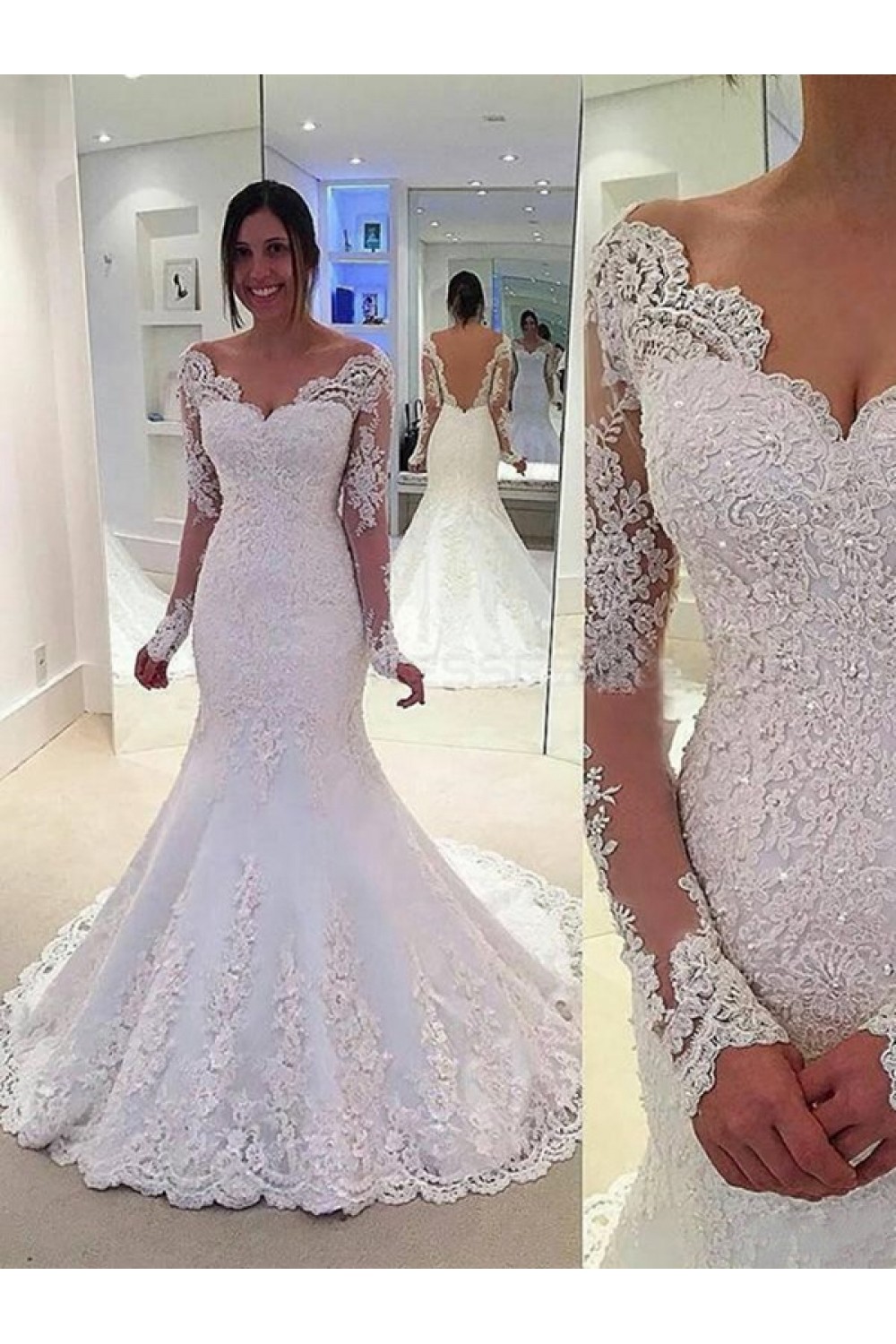 Lace Long Sleeves Mermaid Backless Wedding Dresses Bridal Gowns 3030093 7073