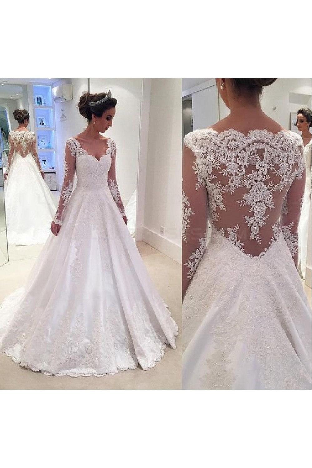 A-Line Long Sleeves Lace V-Neck Wedding Dresses Bridal Gowns 3030096