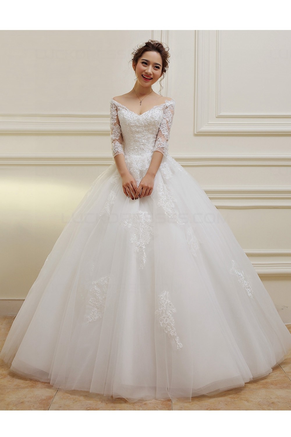 3 4 Length Sleeves V Neck Lace Wedding Dresses Bridal Gowns 3030108