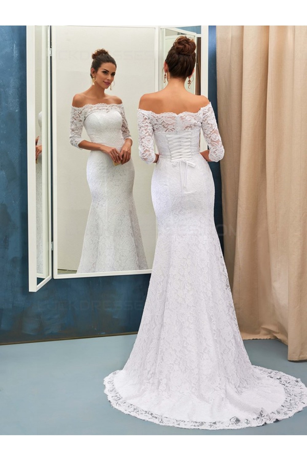 Mermaid 3 4 Length Sleeves Off the Shoulder Lace Wedding Dresses Bridal Gowns 3030111