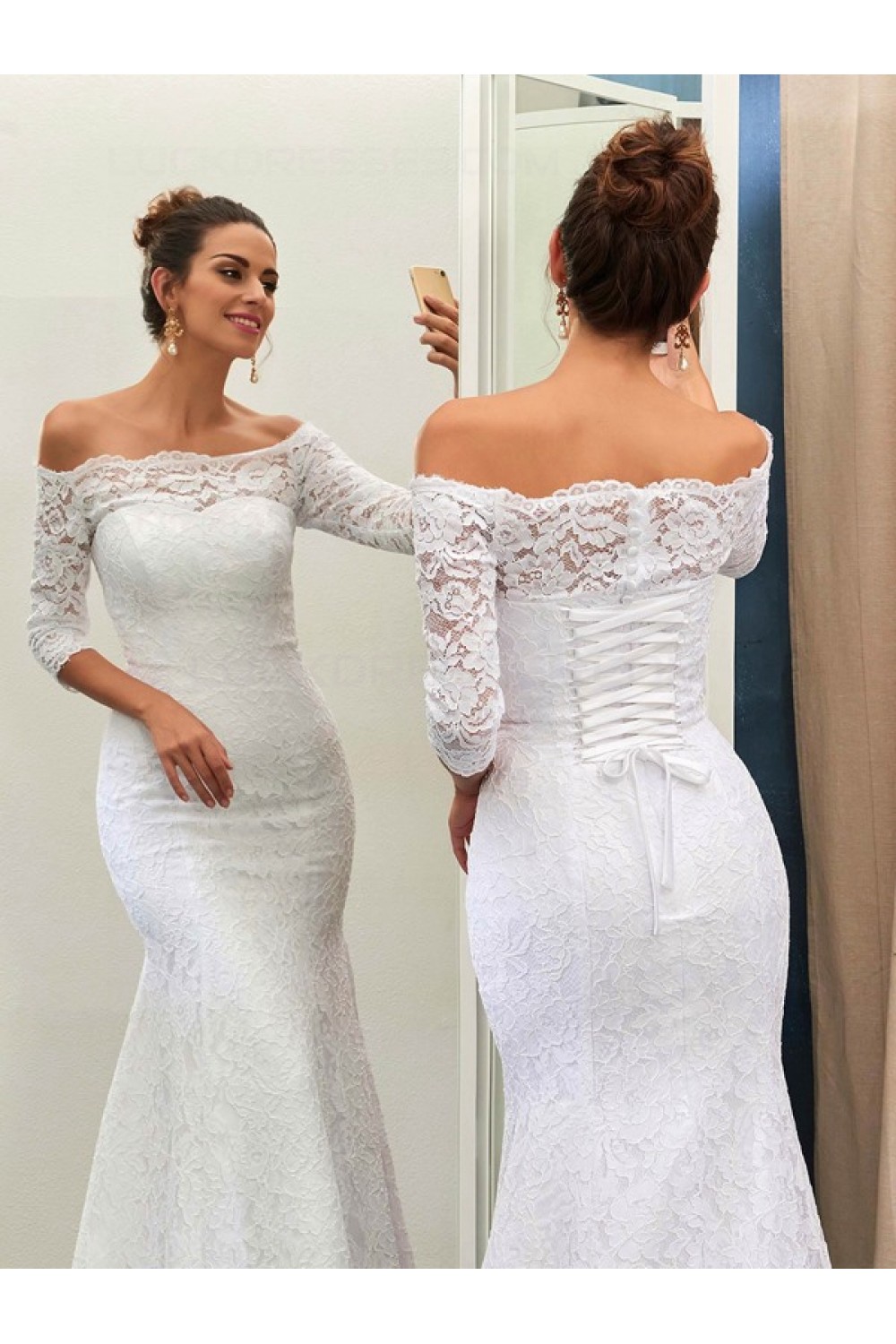 Mermaid 3 4 Length Sleeves Off the Shoulder Lace Wedding Dresses Bridal 