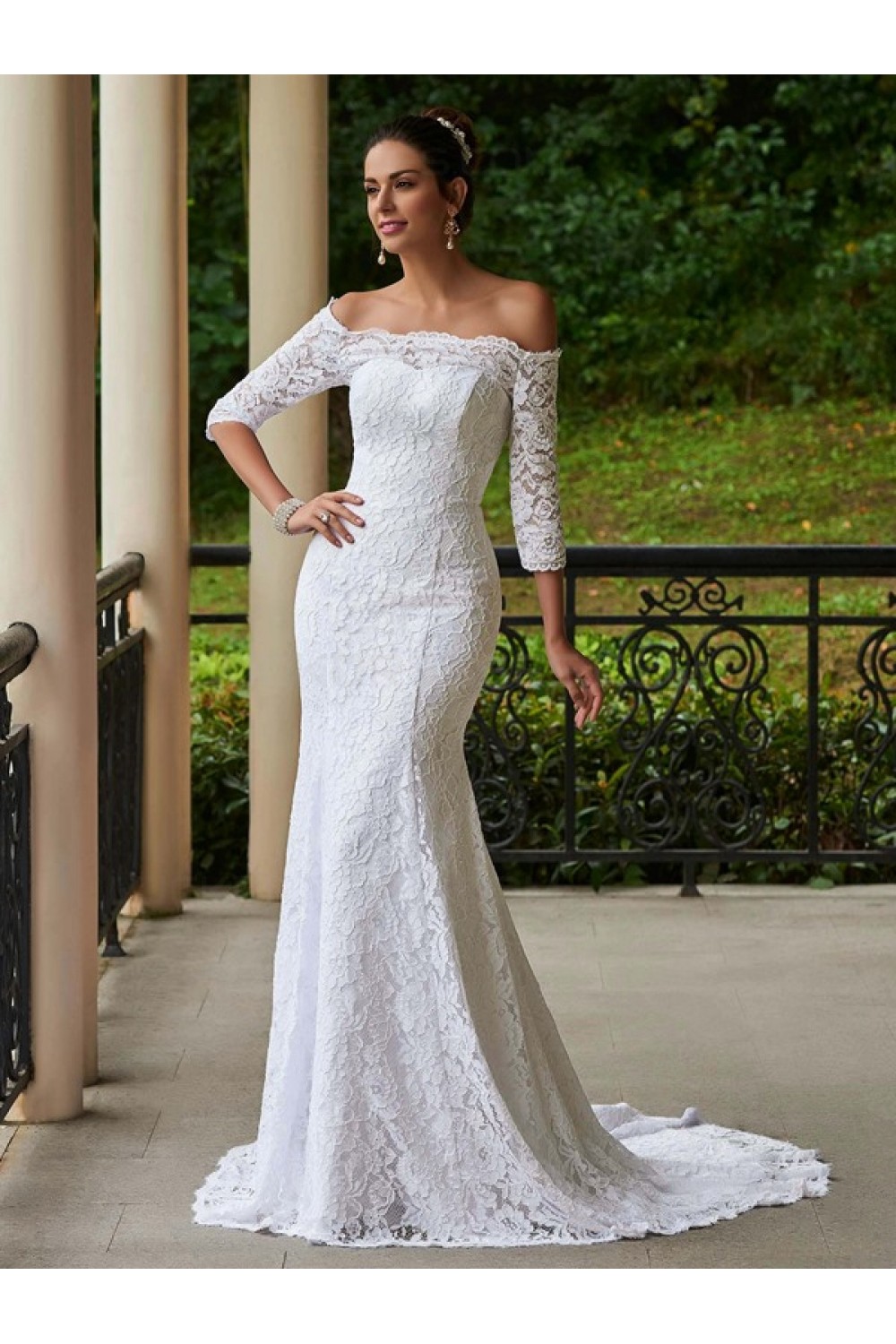 Mermaid 34 Length Sleeves Off The Shoulder Lace Wedding Dresses Bridal Gowns 3030111