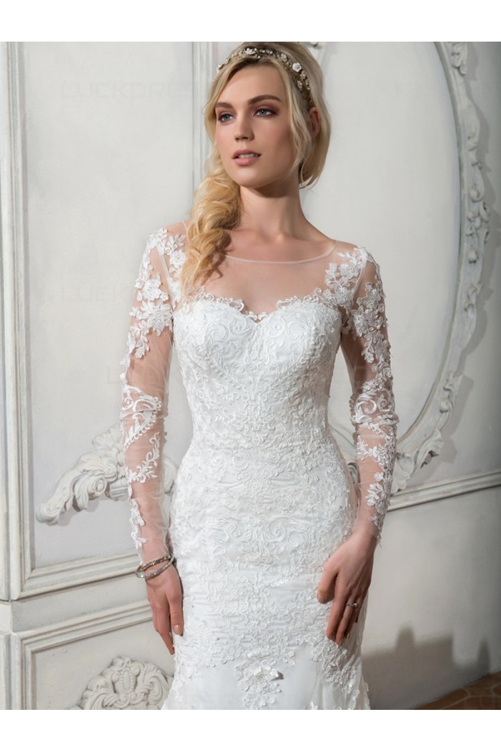 Long Sleeves Mermaid Illusion Neckline Lace Wedding Dresses Bridal Gowns 3030112