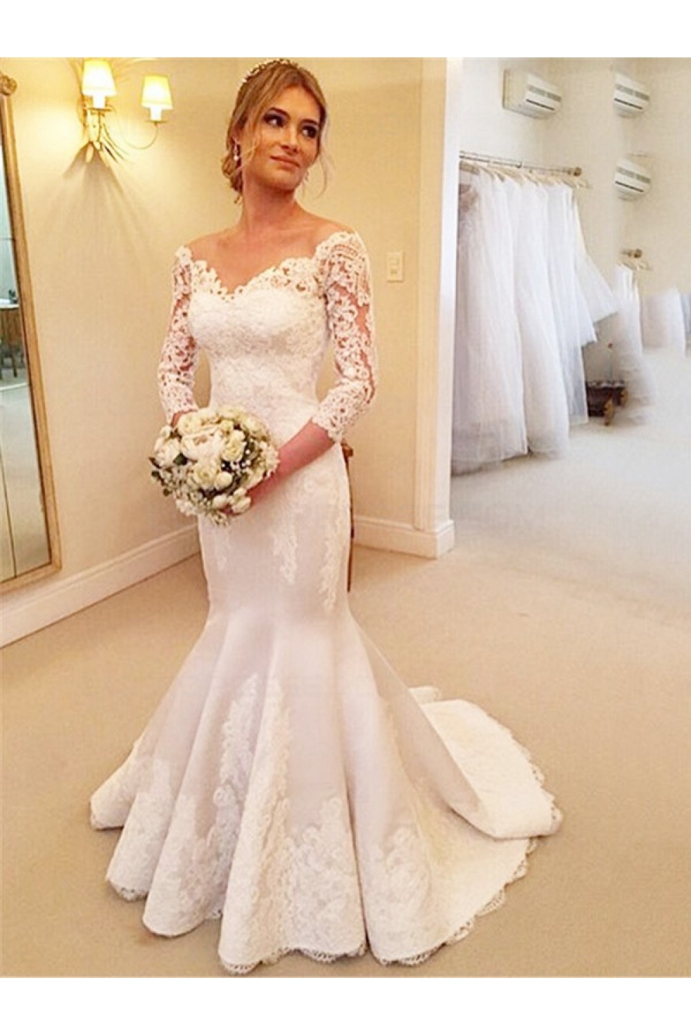 Mermaid 3/4 Length Sleeves Lace Wedding Dresses Bridal Gowns 3030172
