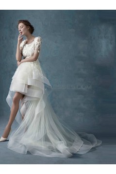 High Low Short Sleeves Lace Tulle Wedding Dresses Bridal Gowns 3030173