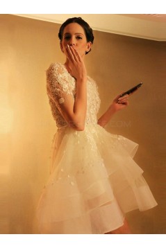 High Low Short Sleeves Lace Tulle Wedding Dresses Bridal Gowns 3030173