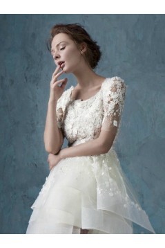 High Low Short Sleeves Lace Tulle Wedding Dresses Bridal Gowns 3030173