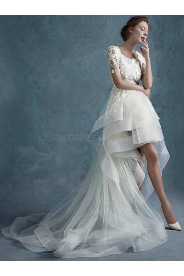 High Low Short Sleeves Lace Tulle Wedding Dresses Bridal Gowns 3030173