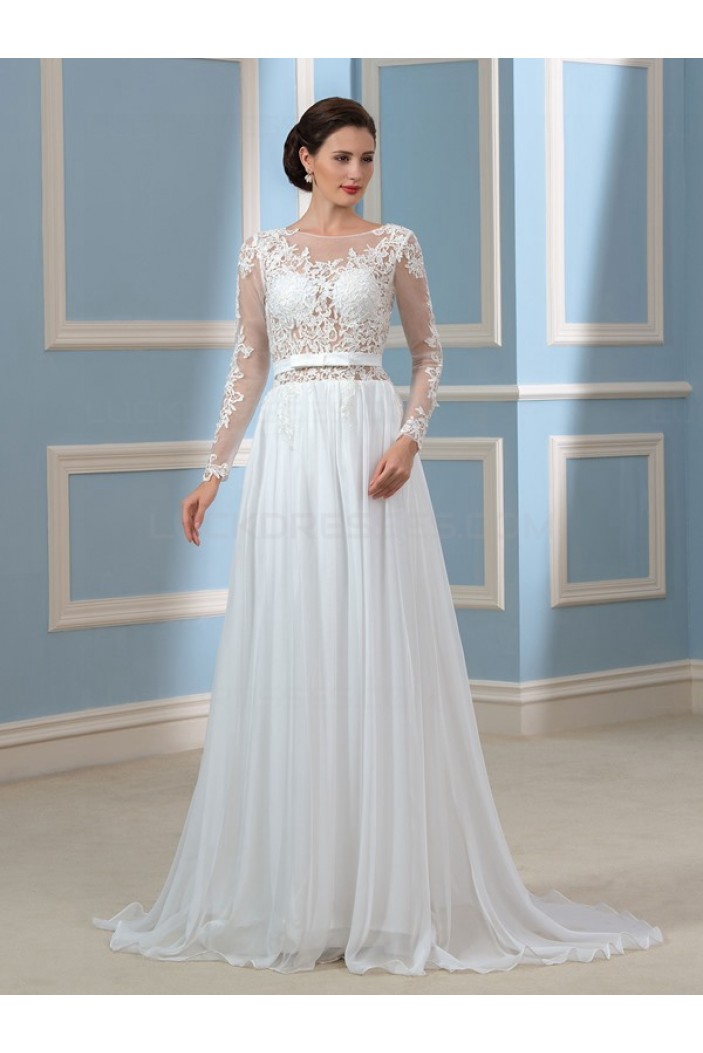 A-Line Lace Chiffon Backless Long Sleeves Wedding Dresses Bridal Gowns 3030176