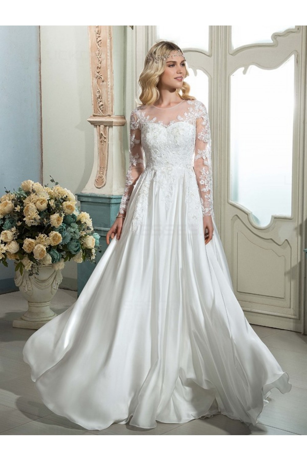 A Line Sheer Lace Long Sleeves Wedding Dresses Bridal Gowns 3030187