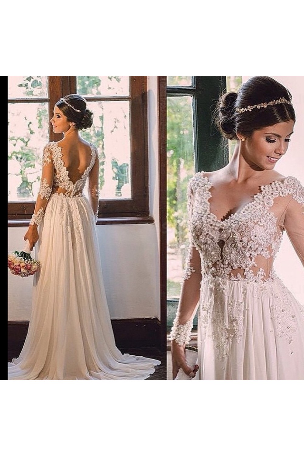 long sleeve lace and chiffon wedding dress