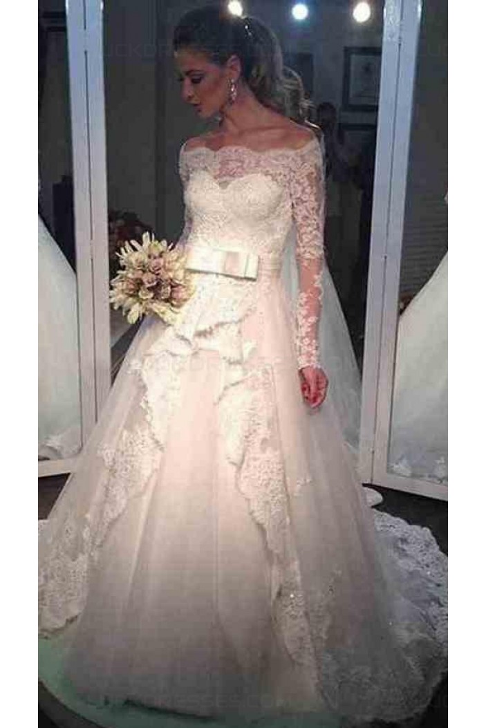 A-Line Long Sleeves Lace Off-the-Shoulder Wedding Dresses Bridal Gowns ...