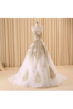 A-Line Sweetheart Gold Lace Appliques Wedding Dresses Bridal Gowns 3030216