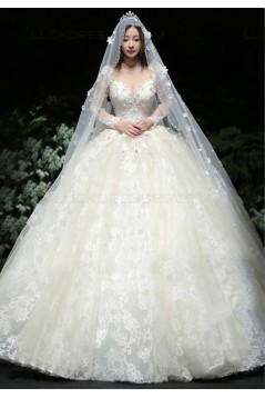 Ball Gown Lace Long Sleeves V-Neck Wedding Dresses Bridal Gowns 3030231