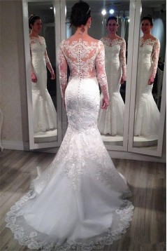 Long Sleeves Lace Mermaid Wedding Dresses Bridal Gowns 3030244