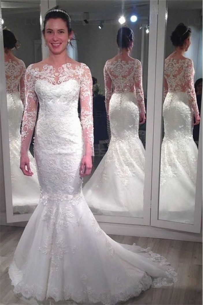 Long Sleeves Lace Mermaid Wedding Dresses Bridal Gowns 3030244