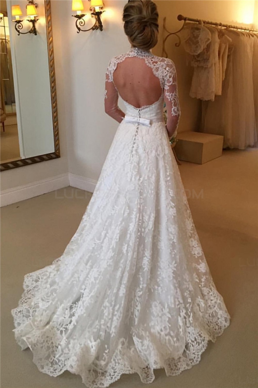 High Neck Long Sleeves Lace Keyhole Back Wedding Dresses Bridal Gowns
